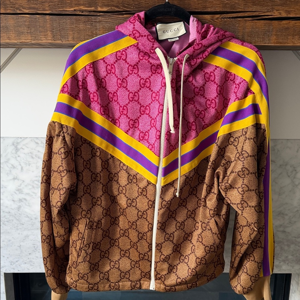 Gucci Pink and Brown Monogram Jacket with Yellow and Purple Accents